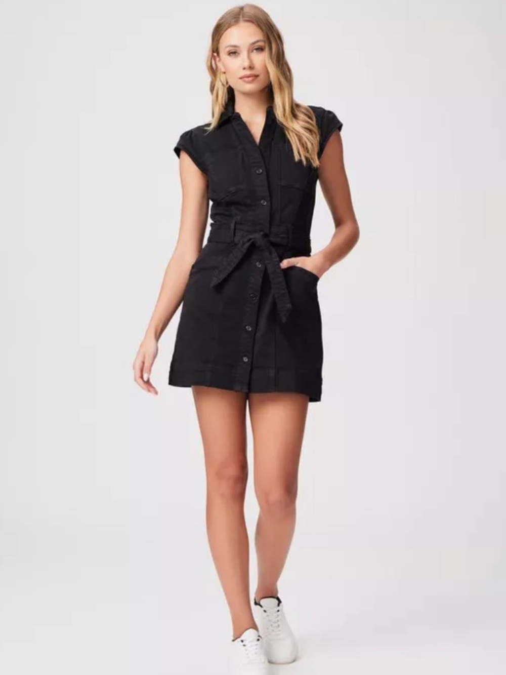 PAIGE Black Button-Front Tie-Waist Mini Dress